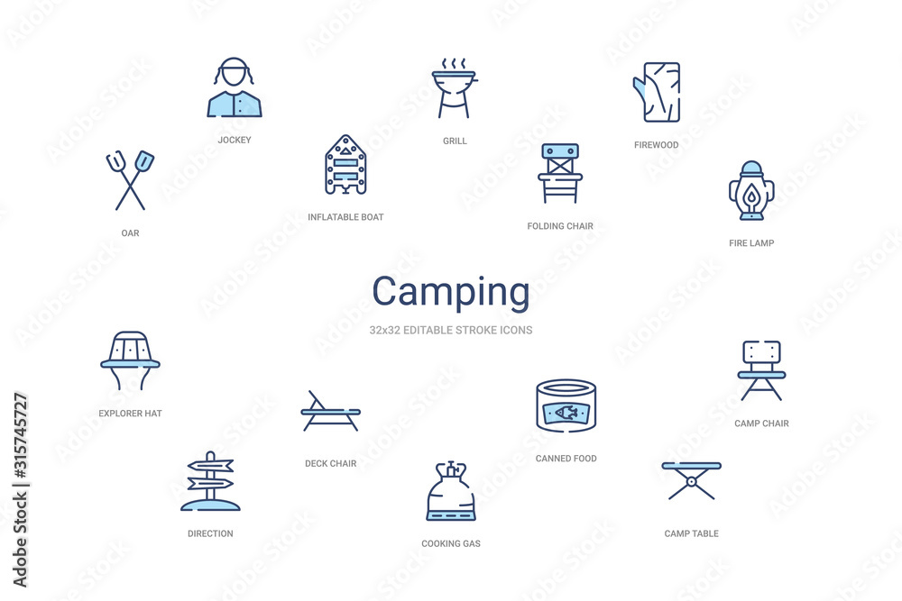 camping concept 14 colorful outline icons. 2 color blue stroke icons