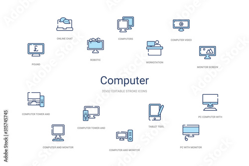computer concept 14 colorful outline icons. 2 color blue stroke icons