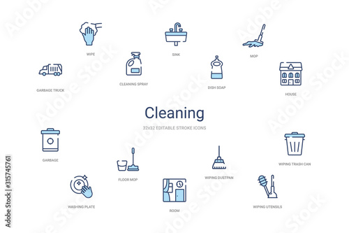 cleaning concept 14 colorful outline icons. 2 color blue stroke icons