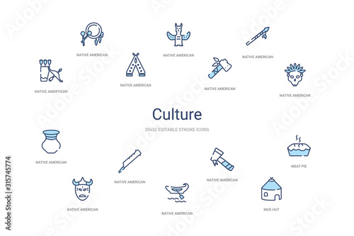 culture concept 14 colorful outline icons. 2 color blue stroke icons