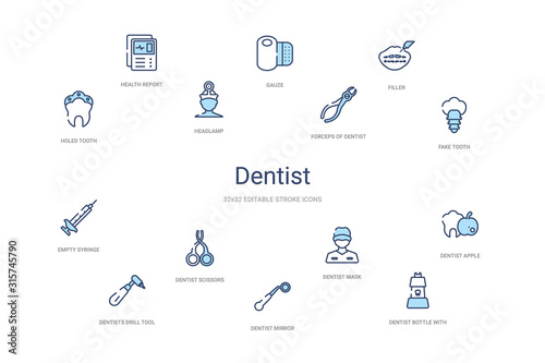 dentist concept 14 colorful outline icons. 2 color blue stroke icons