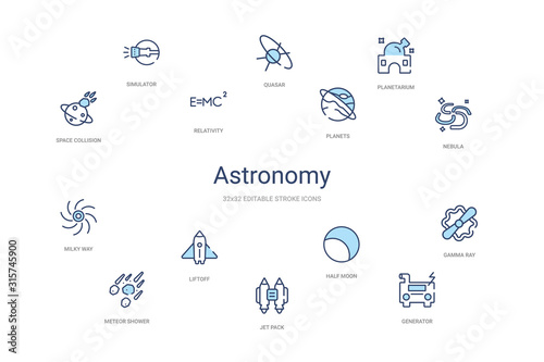 astronomy concept 14 colorful outline icons. 2 color blue stroke icons