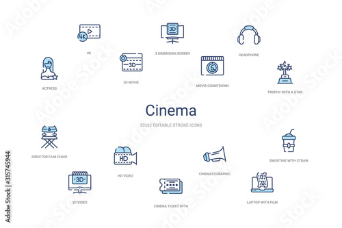 cinema concept 14 colorful outline icons. 2 color blue stroke icons