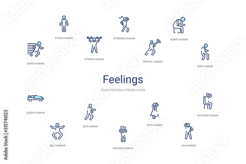 feelings concept 14 colorful outline icons. 2 color blue stroke icons