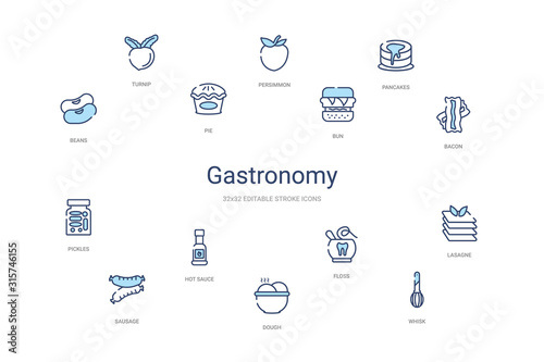 gastronomy concept 14 colorful outline icons. 2 color blue stroke icons