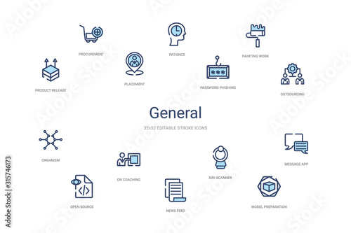 general concept 14 colorful outline icons. 2 color blue stroke icons