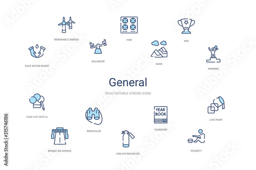 general concept 14 colorful outline icons. 2 color blue stroke icons