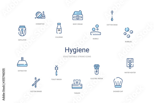 hygiene concept 14 colorful outline icons. 2 color blue stroke icons