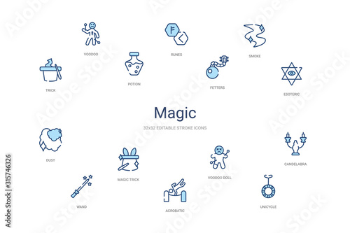 magic concept 14 colorful outline icons. 2 color blue stroke icons