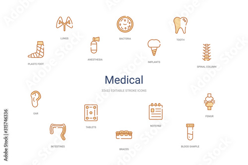 medical concept 14 colorful outline icons. 2 color blue stroke icons