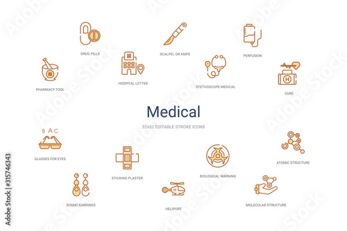 medical concept 14 colorful outline icons. 2 color blue stroke icons