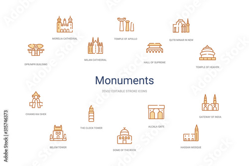 monuments concept 14 colorful outline icons. 2 color blue stroke icons