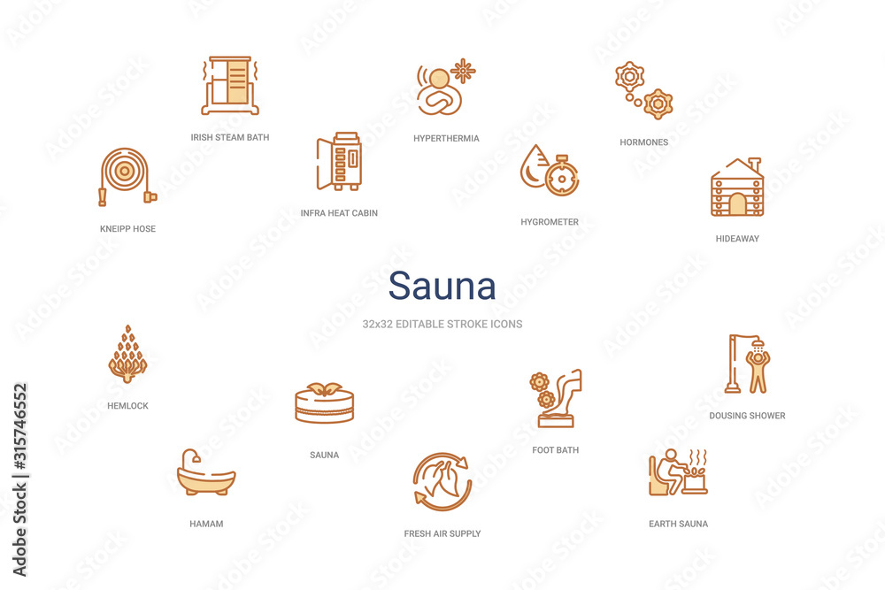 sauna concept 14 colorful outline icons. 2 color blue stroke icons