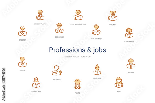 professions & jobs concept 14 colorful outline icons. 2 color blue stroke icons