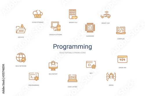programming concept 14 colorful outline icons. 2 color blue stroke icons