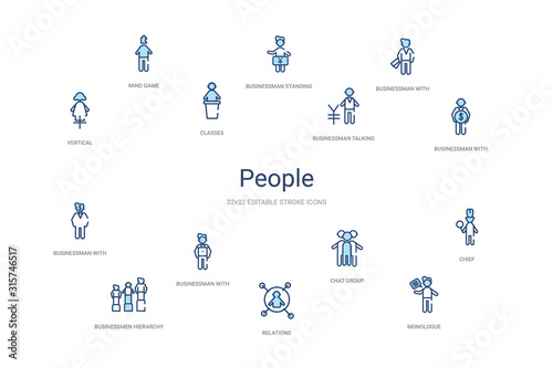 people concept 14 colorful outline icons. 2 color blue stroke icons