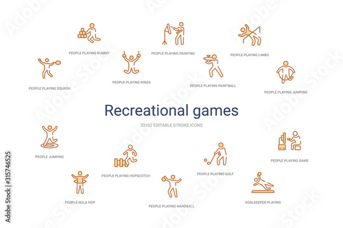 recreational games concept 14 colorful outline icons. 2 color blue stroke icons