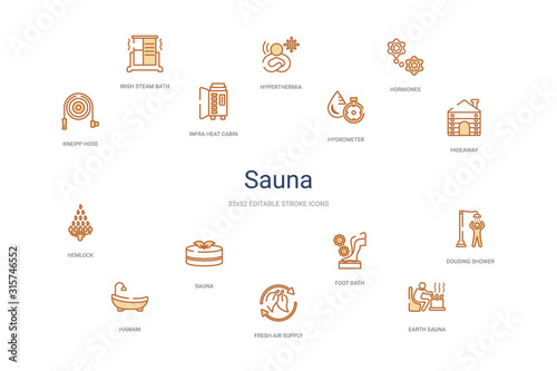 sauna concept 14 colorful outline icons. 2 color blue stroke icons