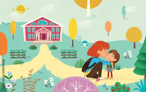 Illustration of a Mother Gives a Goodbye Kiss to her daughter. Mum Gives Kiss to the child at the school door. Preschool girl say hello to mom at school. Vector illustration.