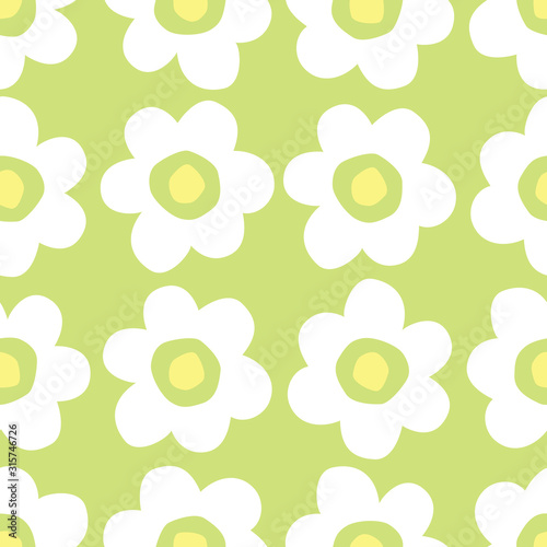 Large White Retro Graphic Daisies Blooms on White Background Vector Seamless Pattern