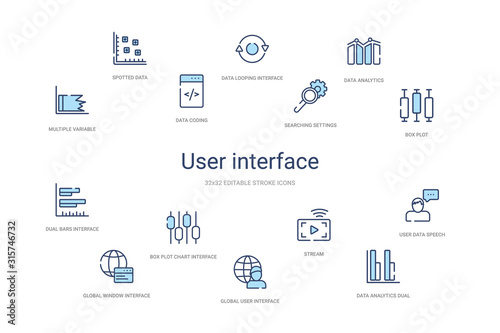 user interface concept 14 colorful outline icons. 2 color blue stroke icons