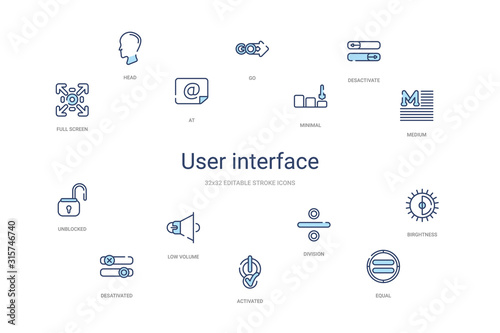 user interface concept 14 colorful outline icons. 2 color blue stroke icons