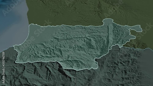 Akkar, governorate with its capital, zoomed and extruded on the administrative map of Lebanon in the conformal Stereographic projection. Animation 3D photo