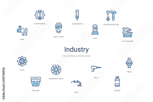 industry concept 14 colorful outline icons. 2 color blue stroke icons