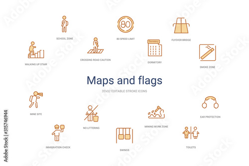 maps and flags concept 14 colorful outline icons. 2 color blue stroke icons