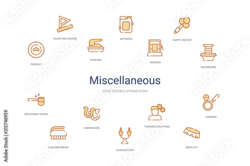 miscellaneous concept 14 colorful outline icons. 2 color blue stroke icons