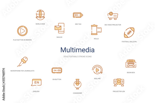 multimedia concept 14 colorful outline icons. 2 color blue stroke icons