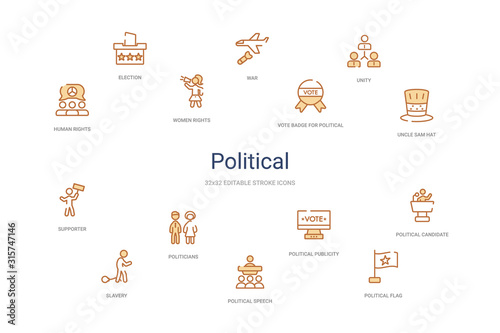 political concept 14 colorful outline icons. 2 color blue stroke icons