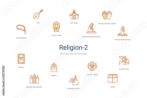 religion-2 concept 14 colorful outline icons. 2 color blue stroke icons