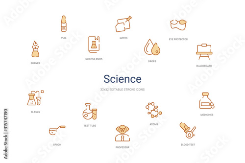 science concept 14 colorful outline icons. 2 color blue stroke icons