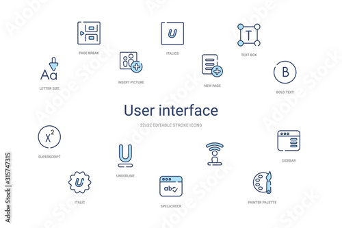 user interface concept 14 colorful outline icons. 2 color blue stroke icons