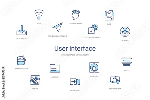 user interface concept 14 colorful outline icons. 2 color blue stroke icons