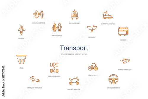 transport concept 14 colorful outline icons. 2 color blue stroke icons