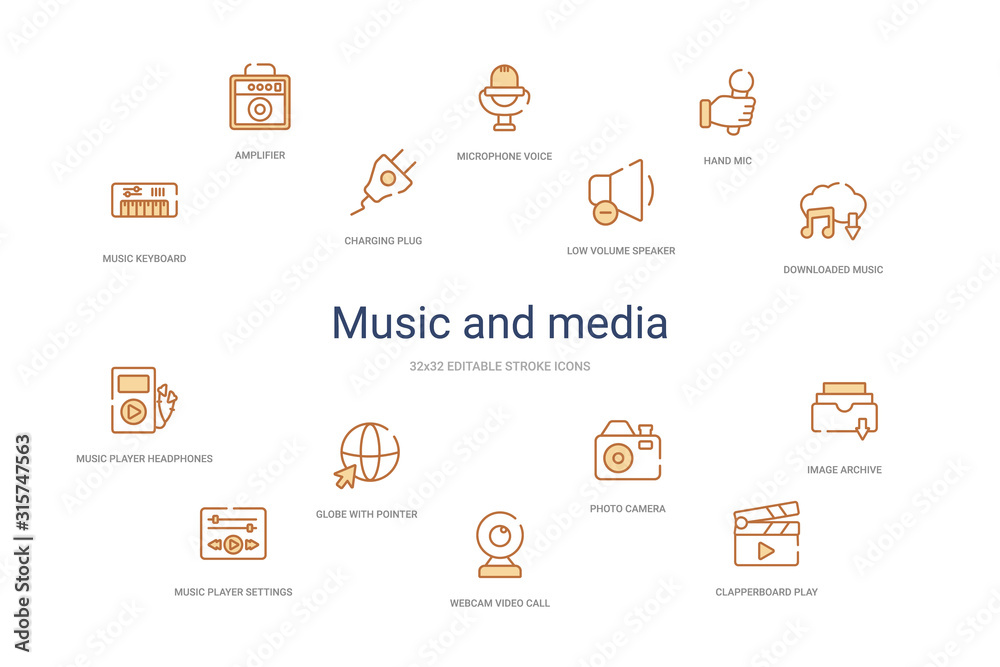 Fototapeta music and media concept 14 colorful outline icons. 2 color blue stroke icons