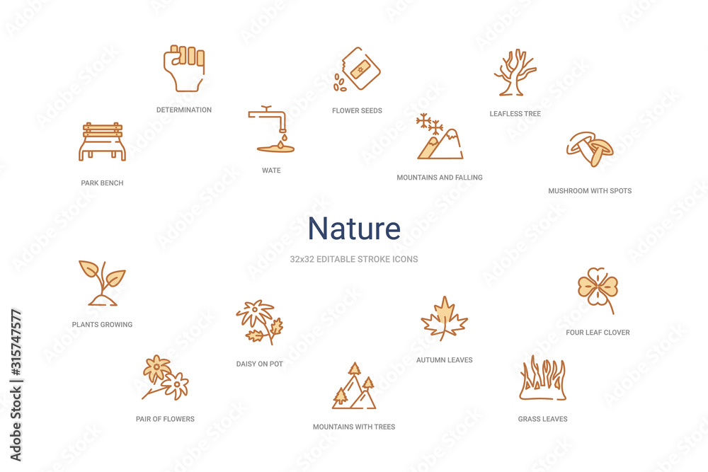 nature concept 14 colorful outline icons. 2 color blue stroke icons