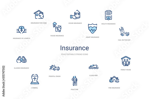 insurance concept 14 colorful outline icons. 2 color blue stroke icons