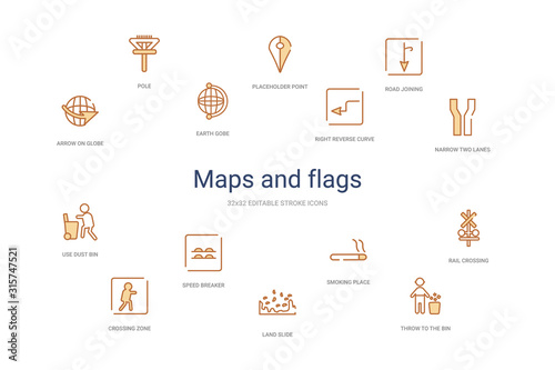 maps and flags concept 14 colorful outline icons. 2 color blue stroke icons