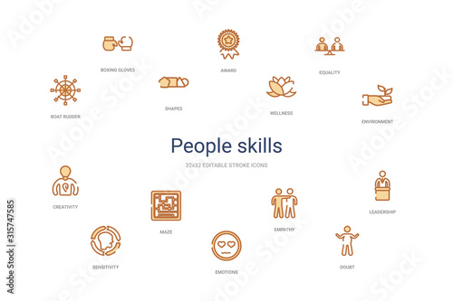 people skills concept 14 colorful outline icons. 2 color blue stroke icons