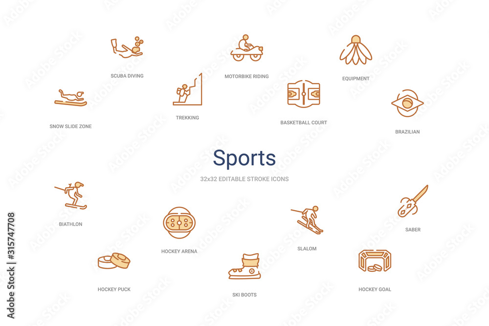 sports concept 14 colorful outline icons. 2 color blue stroke icons
