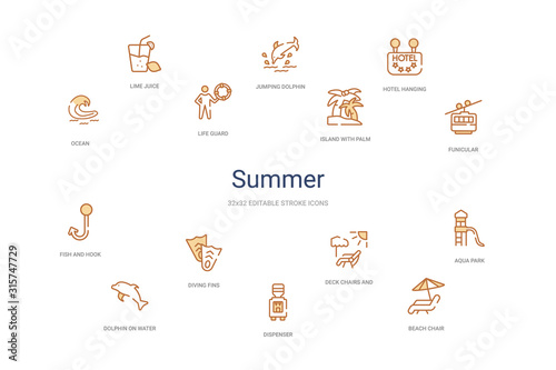 summer concept 14 colorful outline icons. 2 color blue stroke icons