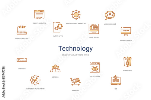 technology concept 14 colorful outline icons. 2 color blue stroke icons
