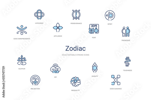zodiac concept 14 colorful outline icons. 2 color blue stroke icons