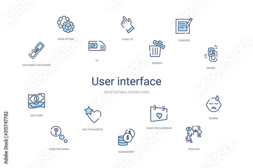 user interface concept 14 colorful outline icons. 2 color blue stroke icons