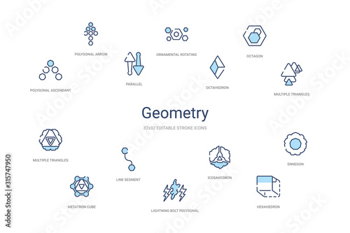 geometry concept 14 colorful outline icons. 2 color blue stroke icons