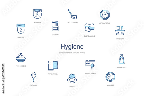 hygiene concept 14 colorful outline icons. 2 color blue stroke icons