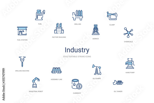 industry concept 14 colorful outline icons. 2 color blue stroke icons